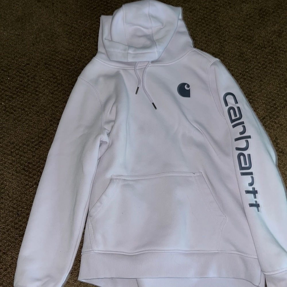 Light pink Carhartt Hoodie, barely worn!!  shows white ish, but - violet purple